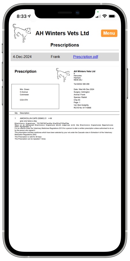 Prescription PDF on the Client Portal